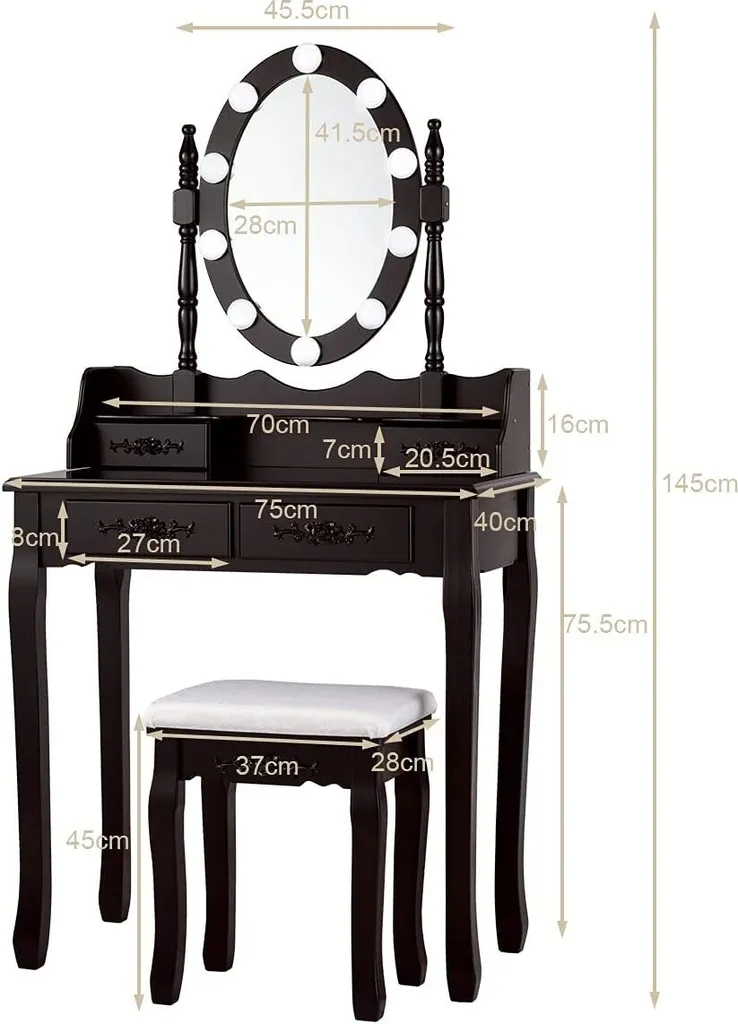 COSTWAY Schminktisch Set Mit 10 LED-Leuchten, Frisiertisch Mit Spiegel Und Schminkhocker, Helligkeit Einstellbar, Kosmetiktisch Mit 4 Schubladen Für Schlafzimmer, Make Up Tisch Holz (Braun) 5 COSTWAY Schminktisch Set Mit 10 LED-Leuchten, Frisiertisch Mit Spiegel Und Schminkhocker, Helligkeit Einstellbar, Kosmetiktisch Mit 4 Schubladen Für Schlafzimmer, Make Up Tisch Holz (Braun) – Bild 5