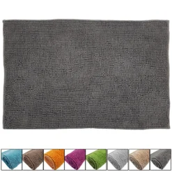 Chenille Badematte 50 X 80 Cm In Grau Badteppich Aus Microfaser - Mit Rutschfester Rückseite - Welness Badeteppich / Duschvorleger
