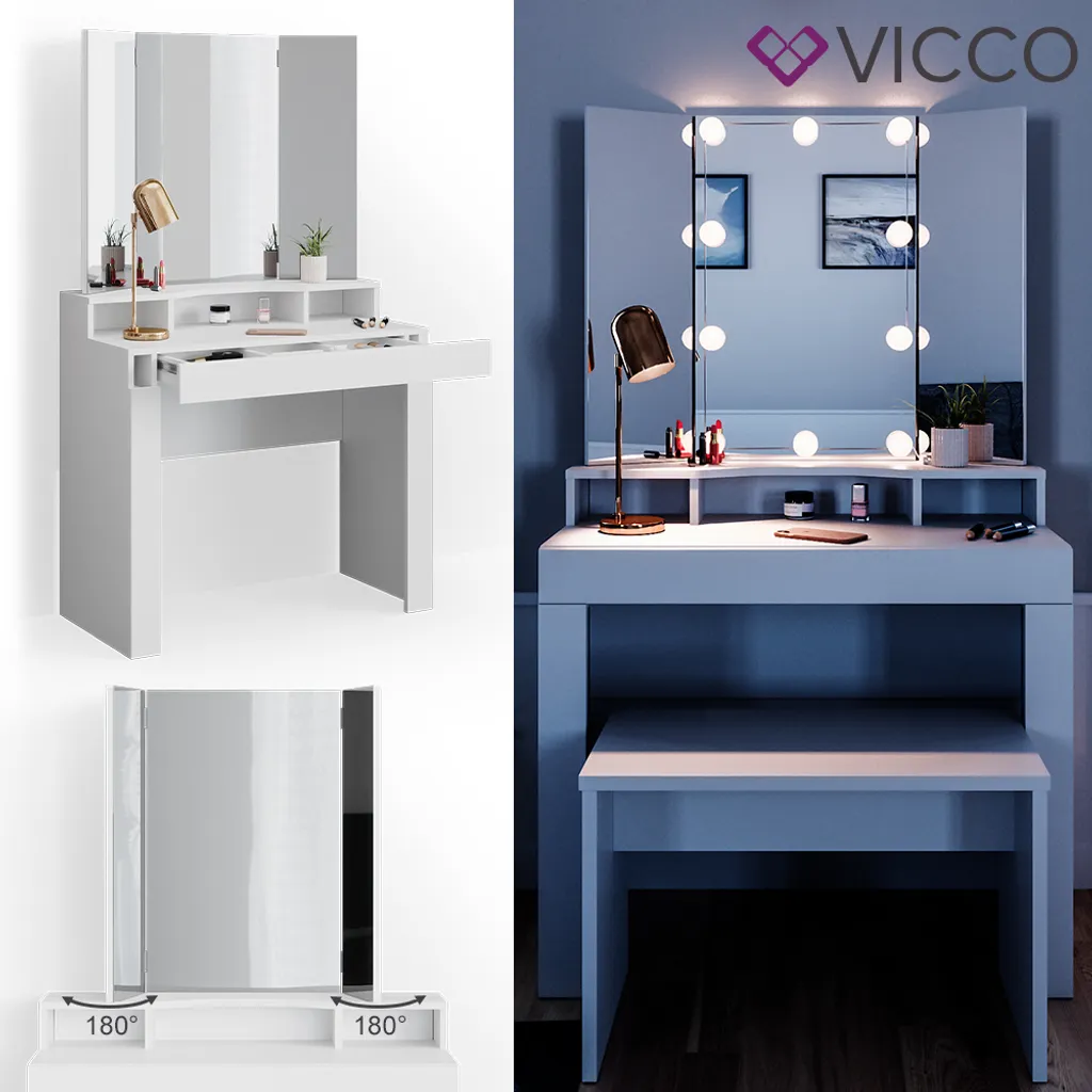 Vicco Schminktisch Nora Weiß Mit LED-Beleuchtung Spiegel Sitzbank Frisiertisch 2 Vicco Schminktisch Nora Weiß Mit LED-Beleuchtung Spiegel Sitzbank Frisiertisch – Bild 2