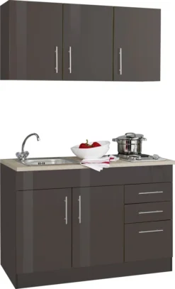 Singleküche Toronto 120 Cm Graphit Hochglanz Mit Kochmulde Und Einbauspüle In Edelstahl