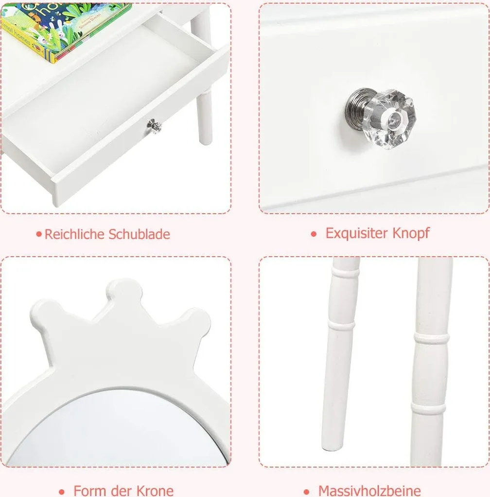 COSTWAY Kinder Schminktisch Frisiertisch Mit Hocker, Schublade Und Abnehmbarem Spiegel Holz 70x34x100cm 3 COSTWAY Kinder Schminktisch Frisiertisch Mit Hocker, Schublade Und Abnehmbarem Spiegel Holz 70x34x100cm – Bild 3