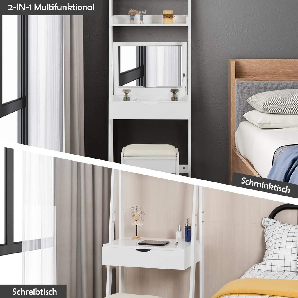 COSTWAY Schminktisch Mit Klappspiegel, Make-up Tisch Leiterregal, Frisiertisch Set Mit Hocker, Frisierkommode Mit Haken Und Ablagefaechern, Schreibtisch Weiss 2 COSTWAY Schminktisch Mit Klappspiegel, Make-up Tisch Leiterregal, Frisiertisch Set Mit Hocker, Frisierkommode Mit Haken Und Ablagefaechern, Schreibtisch Weiss – Bild 2