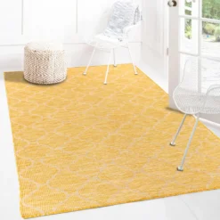 In- & Outdoor-Teppich Modern Flachflor Modernes Design, Farbe:Gitter-Gelb, Größen:100 X 200 Cm