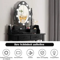 COSTWAY Schminktisch Mit Hocker, 360° Drehbarem Spiegel Und 10 Dimmbaren LED-Birnen, Frisiertisch Aus Tisch Und Abnehmbarer Oberteil, Kosmetiktisch Mit 4 Schubladen, 75 X 40 X 146 Cm (Schwarz) -Vidaxlko Verkaufe f77dbc93c47eace03c7206d19291048c