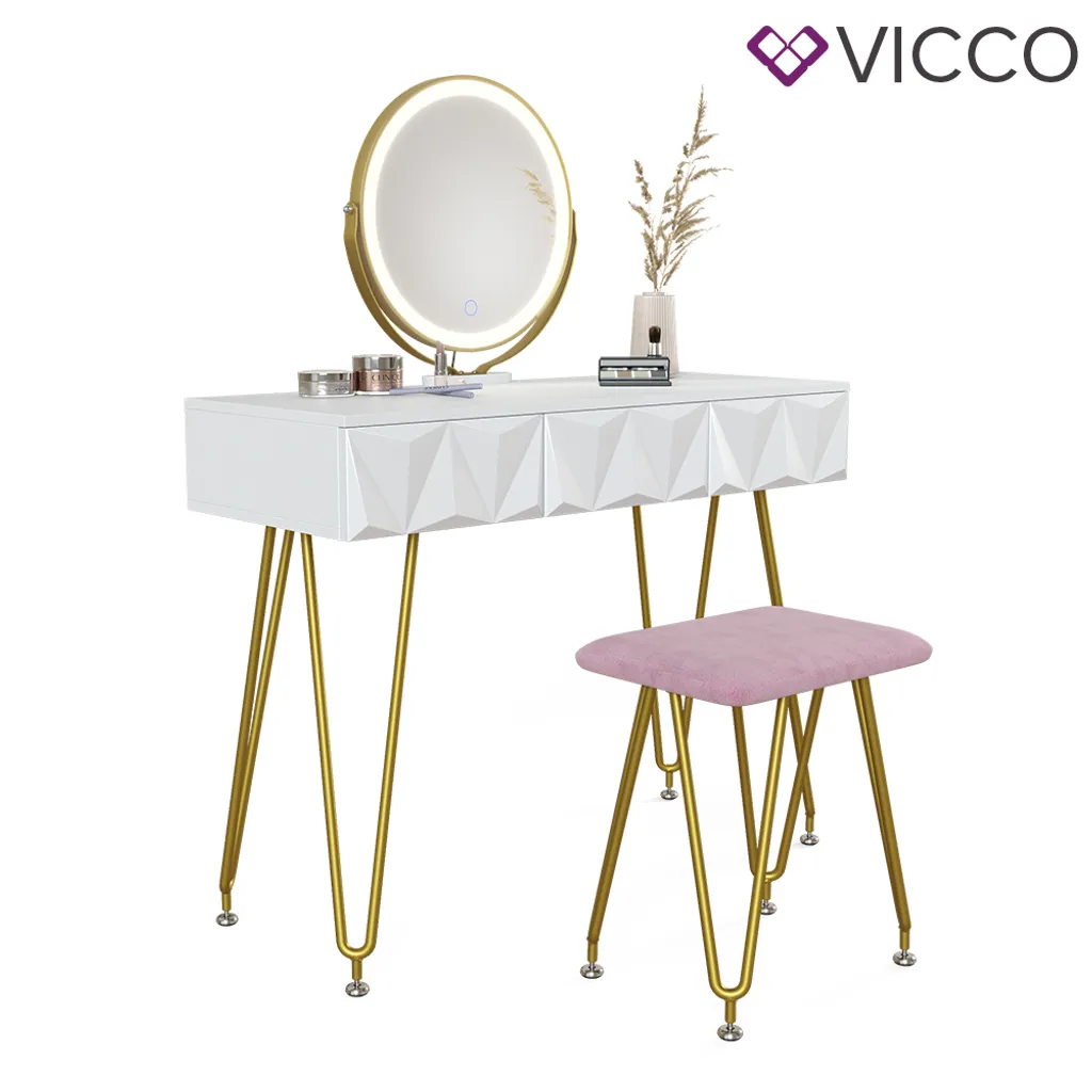 Vicco Schminktisch + LED-Spiegel + Hocker Ruby Weiß 100 X 79 X 40 Cm MDF 2 Vicco Schminktisch + LED-Spiegel + Hocker Ruby Weiß 100 X 79 X 40 Cm MDF – Bild 2