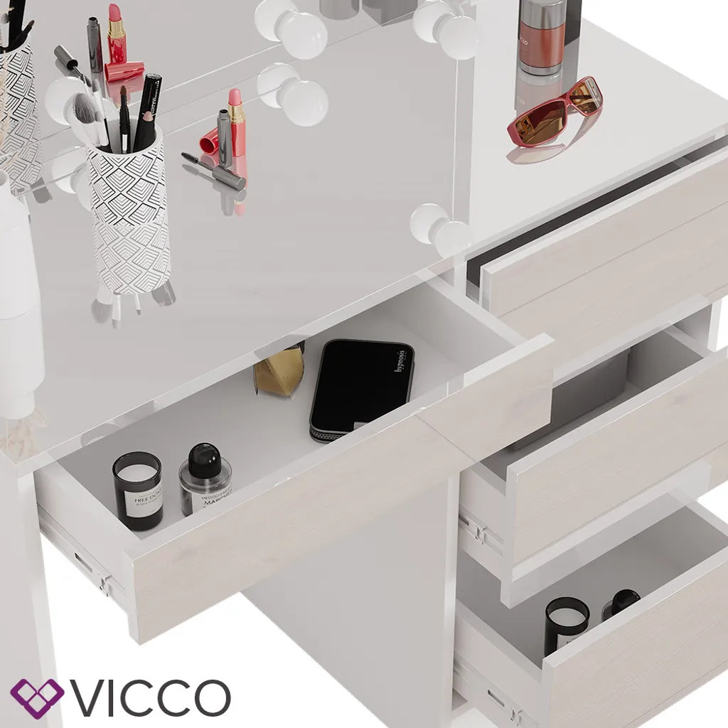 Vicco Schminktisch + Spiegel + LED Sherry Weiß Hochglanz 90 X 75 X 40 Cm Holzwerkstoff 6 Vicco Schminktisch + Spiegel + LED Sherry Weiß Hochglanz 90 X 75 X 40 Cm Holzwerkstoff – Bild 6