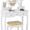COSTWAY Schminktisch Set, Frisiertisch Mit 360° Spiegel Und Hocker, Schminkkommde Mit 5 Schubladen, Kosmetiktisch Gepolsterter Schminkhocker Make Up Tisch , Weiß