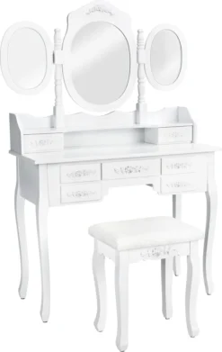 Tectake Schminktisch Mit 7 Schubladen, Spiegel Und Hocker Im Antik Look - Weiß