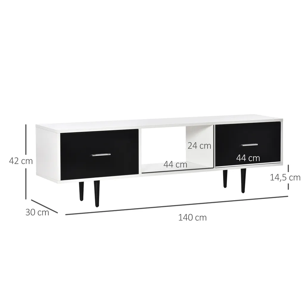HOMCOM Fernsehtisch Fernsehschrank Mit Schubladen Regale Für 60'' Fernseher TV-Board Wohnzimmer Schlafzimmer Spanplatte Metallbeine Weiß 140 X 30 X 42 Cm 3 HOMCOM Fernsehtisch Fernsehschrank Mit Schubladen Regale Für 60'' Fernseher TV-Board Wohnzimmer Schlafzimmer Spanplatte Metallbeine Weiß 140 X 30 X 42 Cm – Bild 3