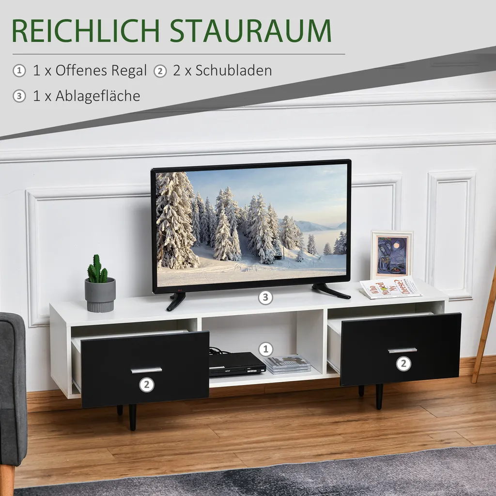 HOMCOM Fernsehtisch Fernsehschrank Mit Schubladen Regale Für 60'' Fernseher TV-Board Wohnzimmer Schlafzimmer Spanplatte Metallbeine Weiß 140 X 30 X 42 Cm 4 HOMCOM Fernsehtisch Fernsehschrank Mit Schubladen Regale Für 60'' Fernseher TV-Board Wohnzimmer Schlafzimmer Spanplatte Metallbeine Weiß 140 X 30 X 42 Cm – Bild 4
