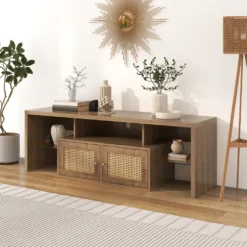 Merax TV-Lowboard Hochglanz TV Schrank Mit LED-Beleuchtung Inkl. Fernbedienung, Rattan TV-Schrank Mit Glasablage Und Rattan Einsatz, TV-Board Aus Holz, B/H/T:150/38/39cm, Holzfarbe -Vidaxlko Verkaufe fe180f2b4bd0bb03976f781f2e4a0d5d