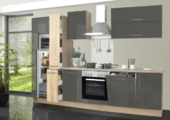 Küchenblock Jana 310 Cm In Lava Glänzend Mit Herd Glaskeramik Kochfeld Geschirrspüler Dunsthaube Kühl.- Gefrierkombination Und Apotheker